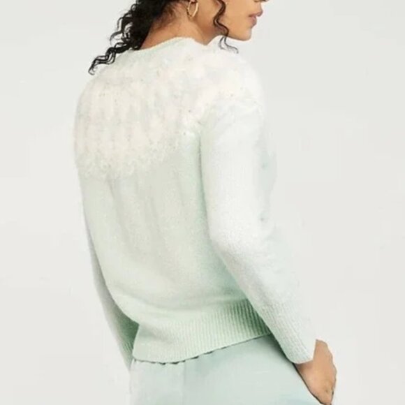 Ann Taylor Mint Green Fair Isle Knit Mock Neck Sweater Cream Winter Wool Small - Picture 2 of 10